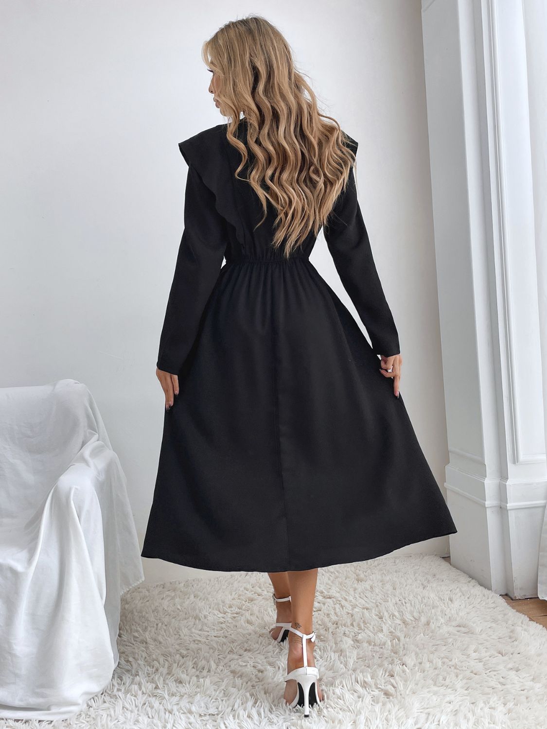 Ruched Ruffled Round Neck Long Sleeve Midi Dress