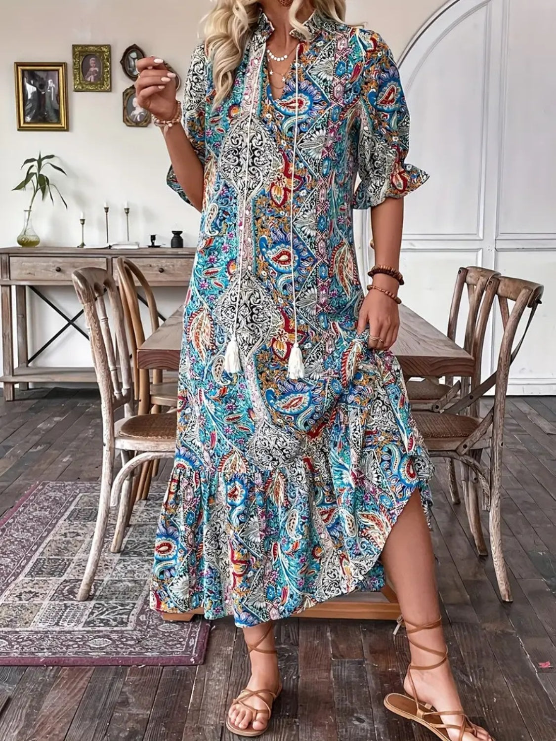 Boho Flounce Sleeve Midi Dress