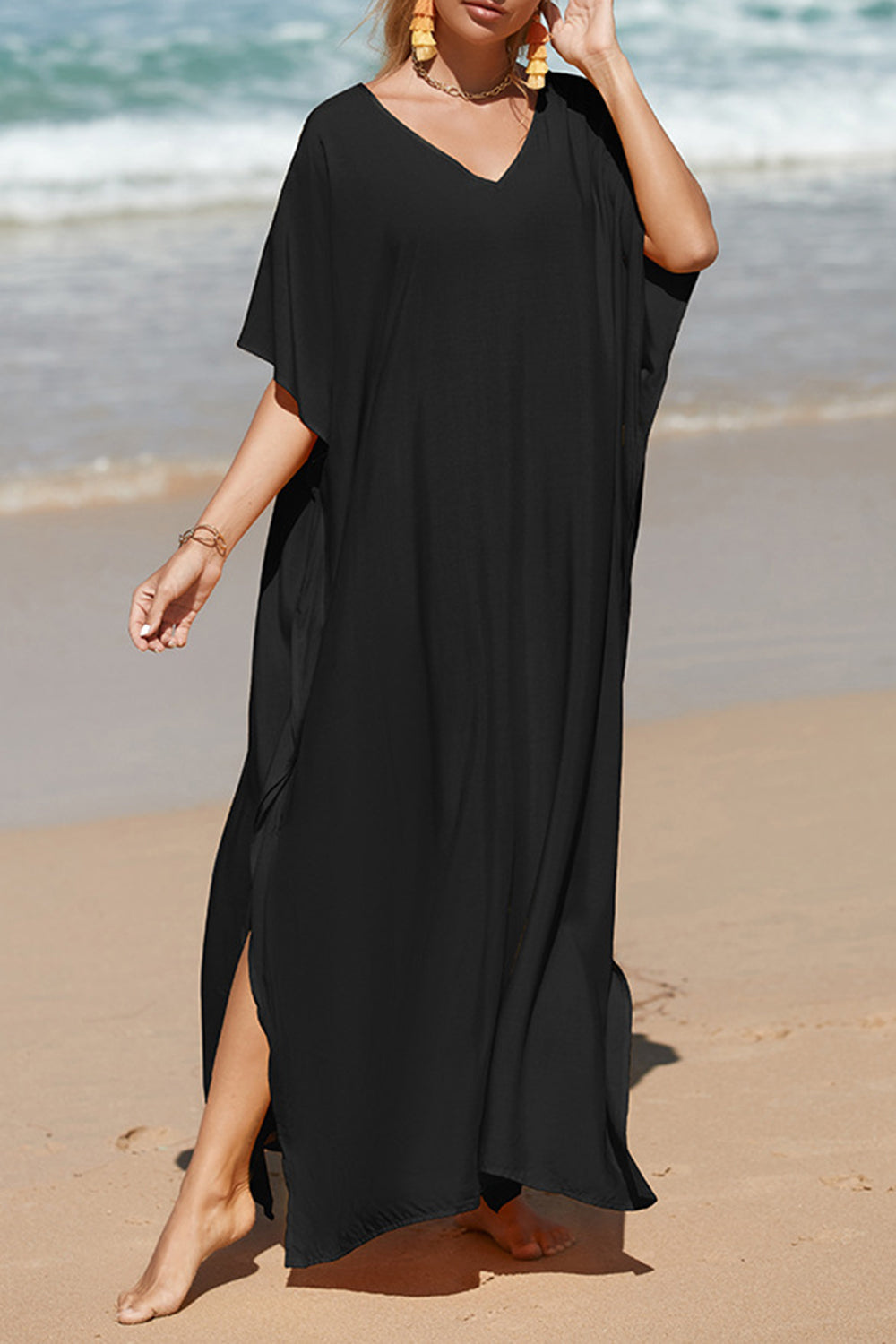 Slit V-Neck Half Sleeve Cover-Up Beach Maxi Dress