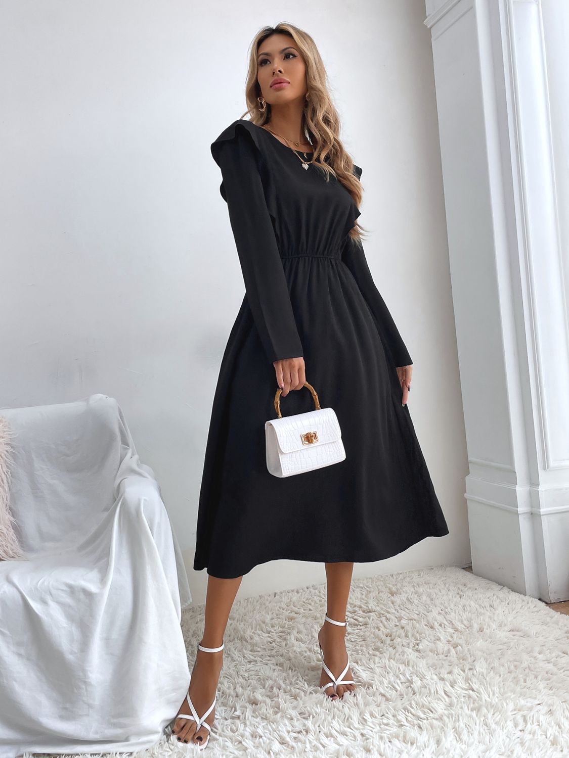 Ruched Ruffled Round Neck Long Sleeve Midi Dress