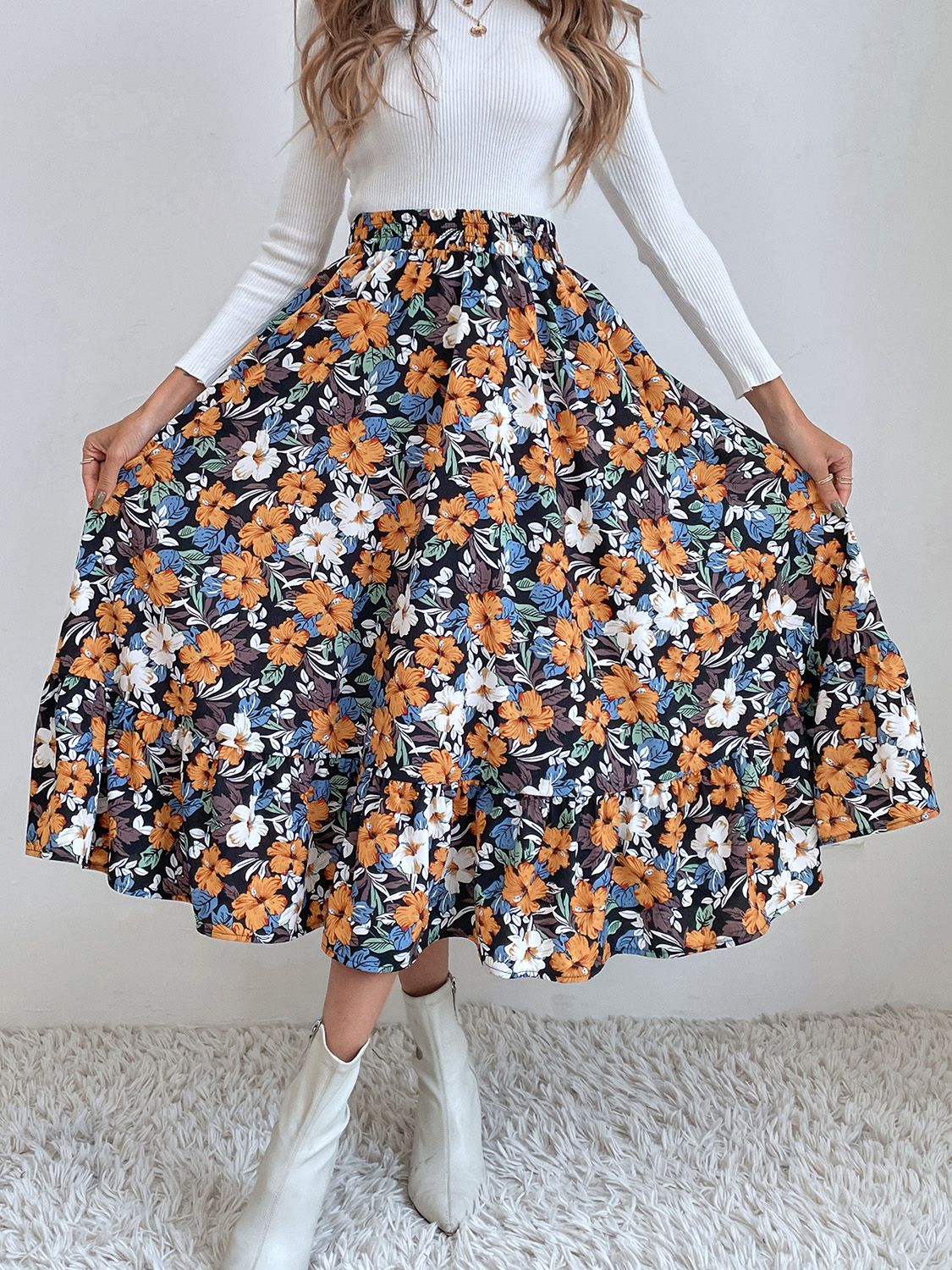 Printed Elastic Waist Leopard Skirt