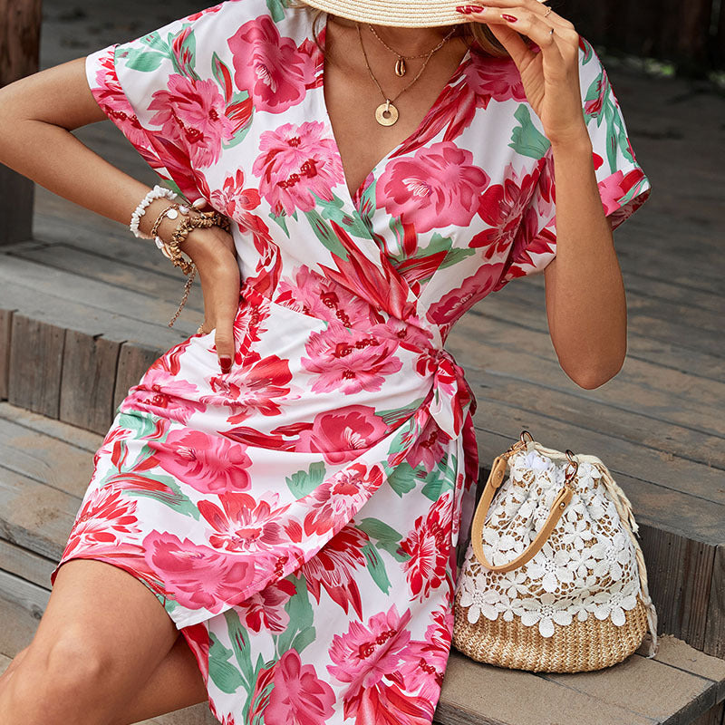 Floral Tied Short Sleeve Mini Resort Dress