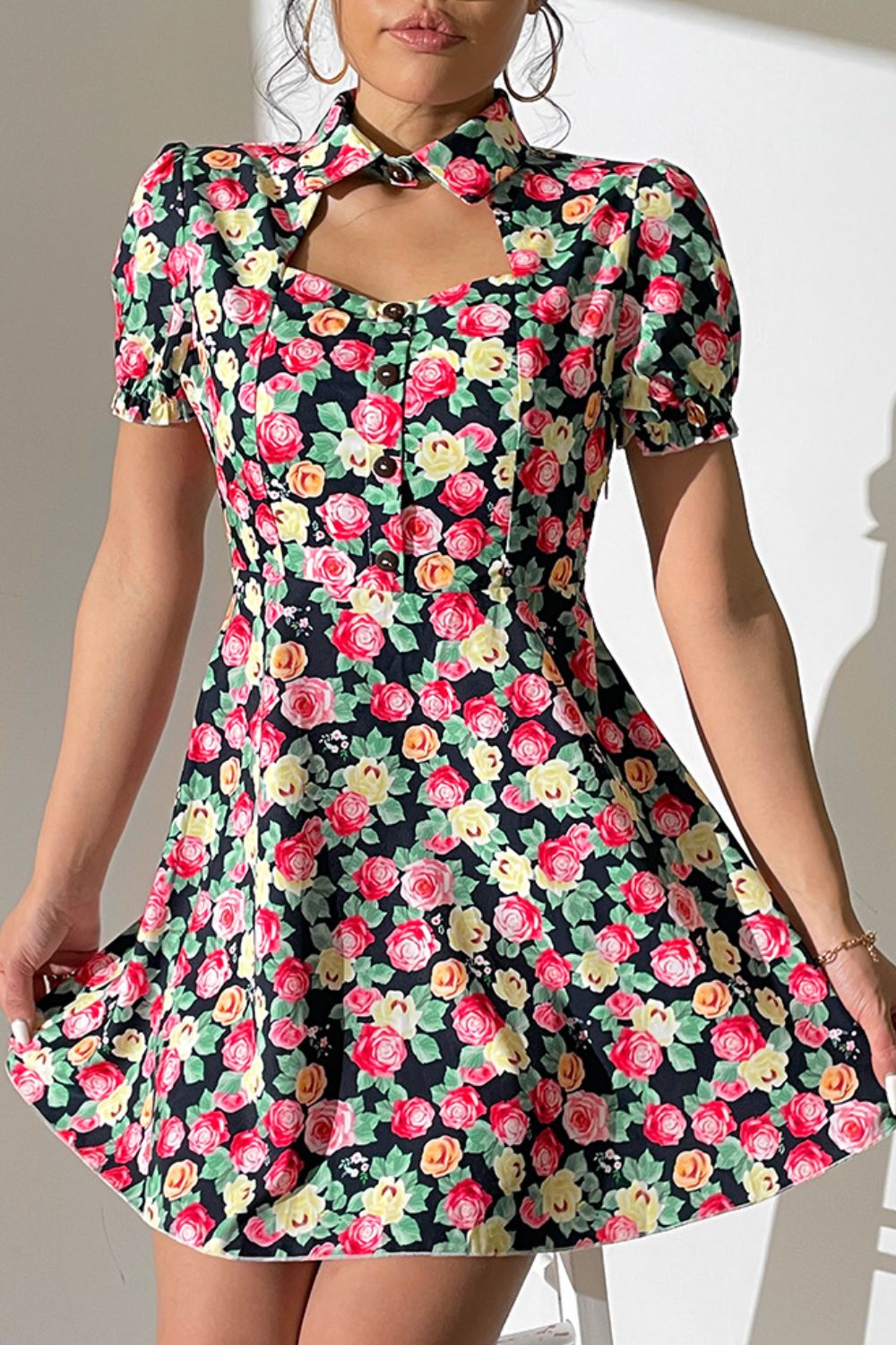 Floral Buttoned Mini Summer Dress