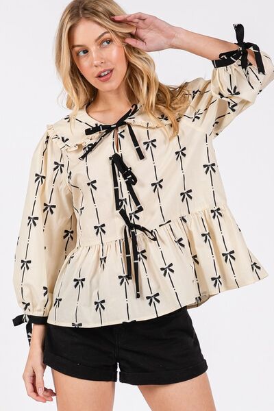 Bow Print Tie Front Babydoll Resort Blouse