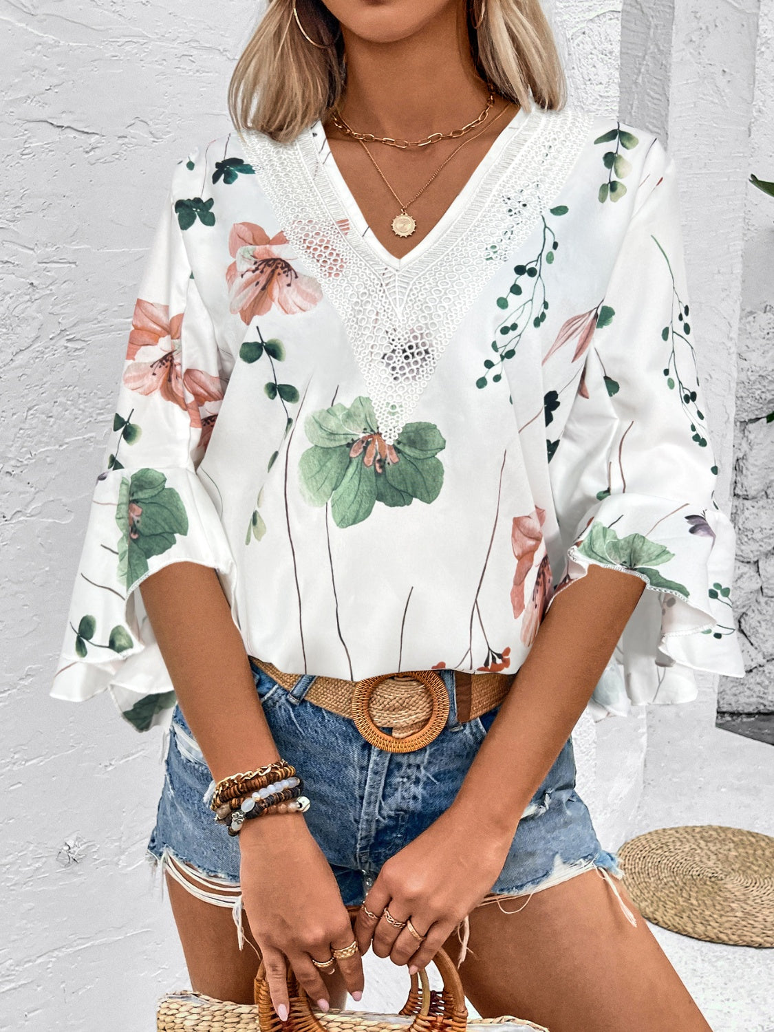 Feminine  Ruffled Printed V-Neck Half Sleeve Blouse