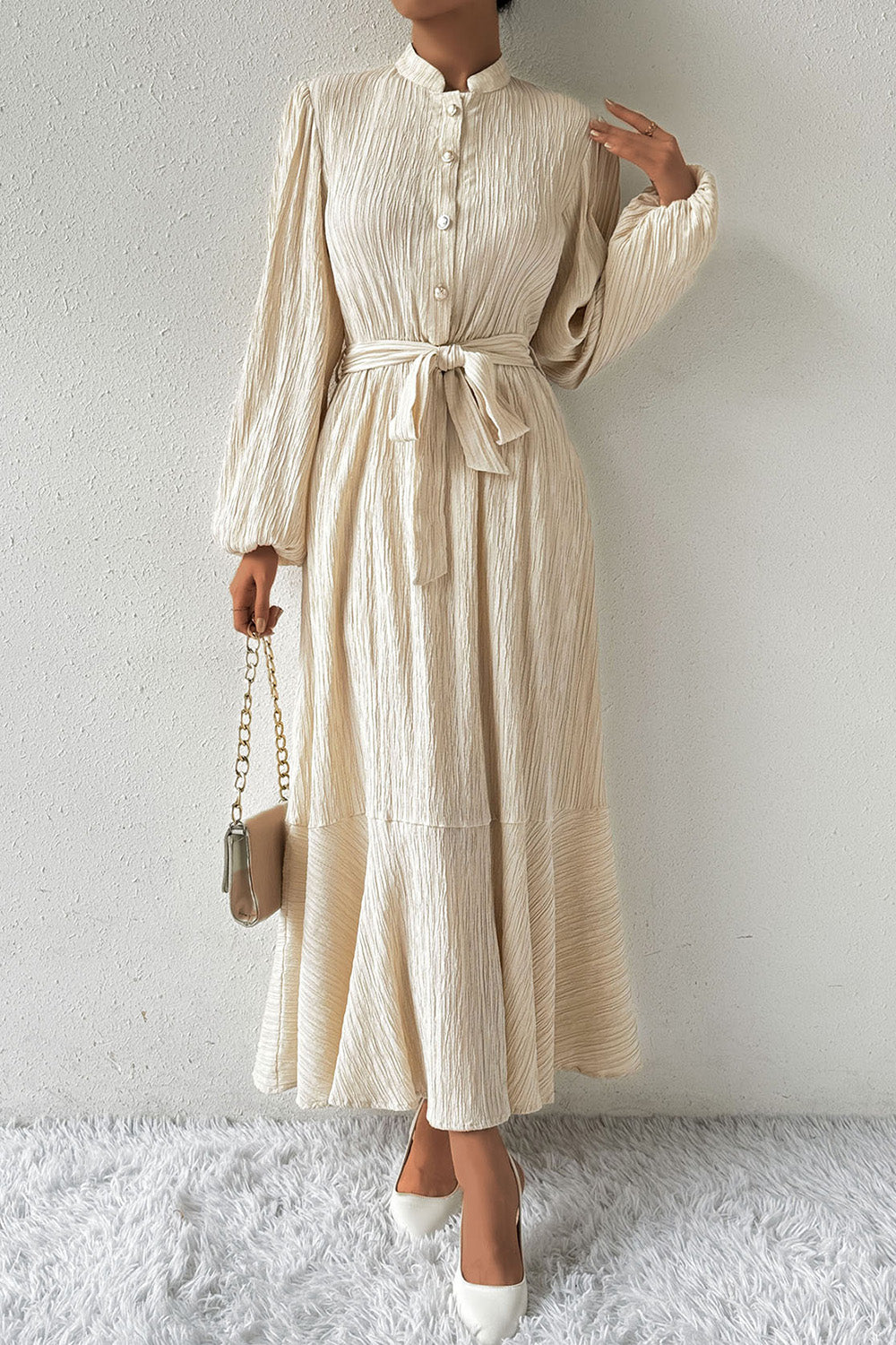 Beige Tied Button Up Balloon Sleeve Resort Maxi Dress