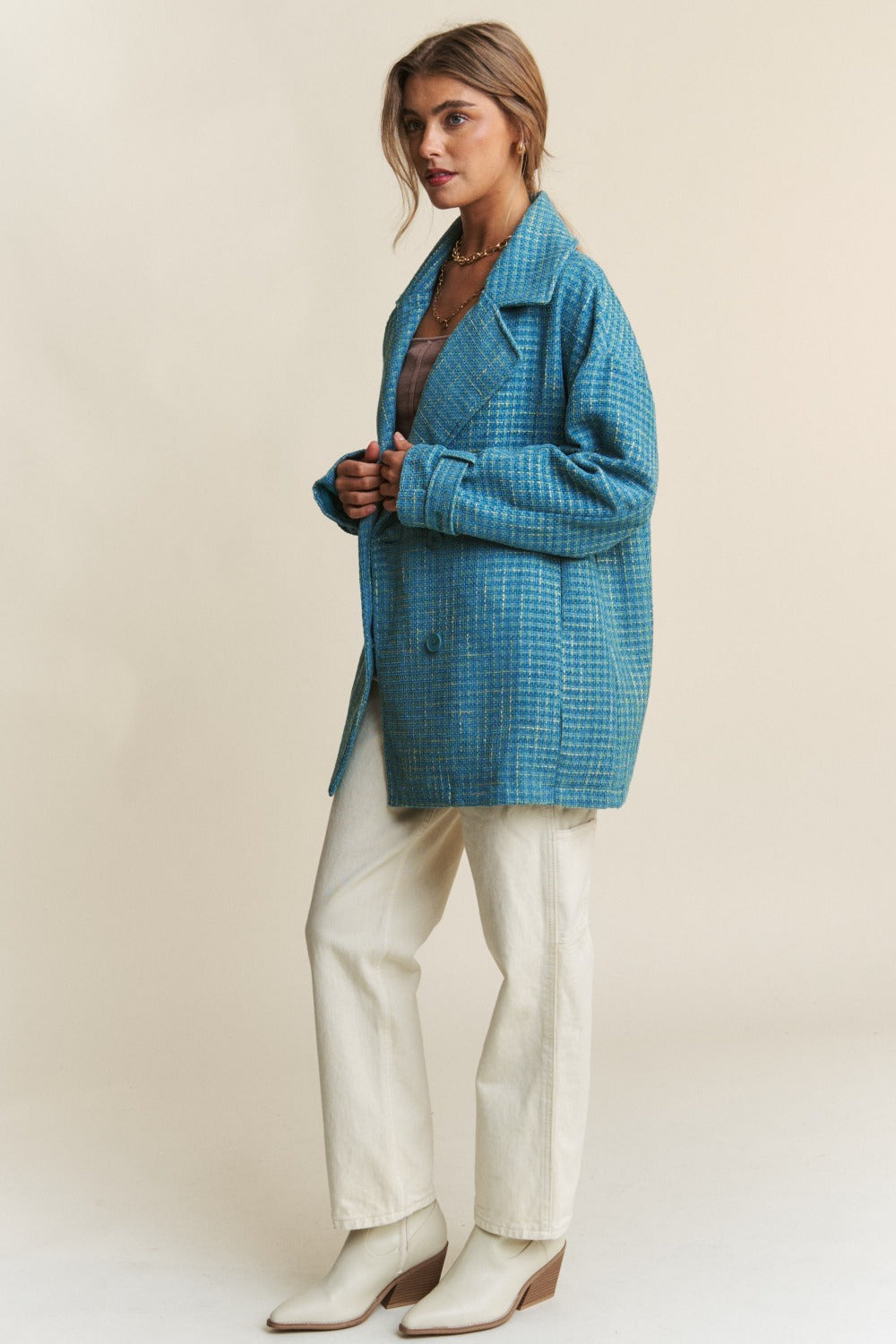 Blue Tweed Double-Breasted Long Sleeve Country Club Blazer