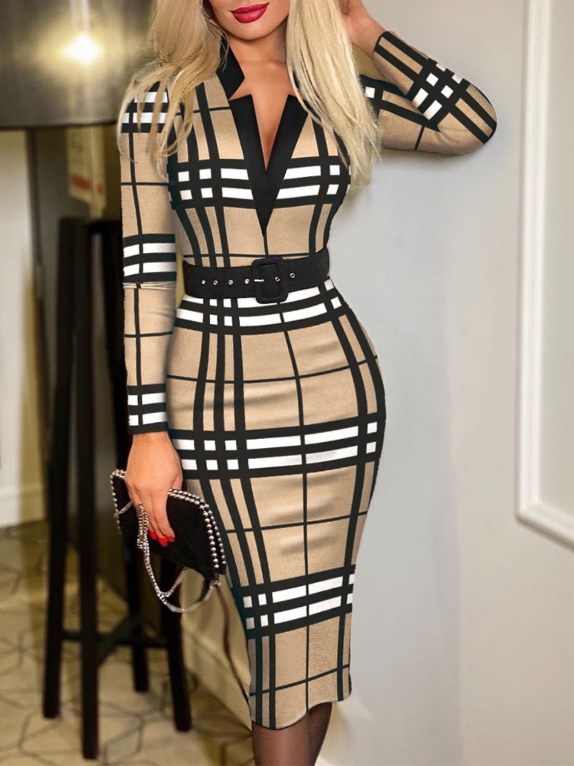 Notched Long Sleeve Wrap Dress