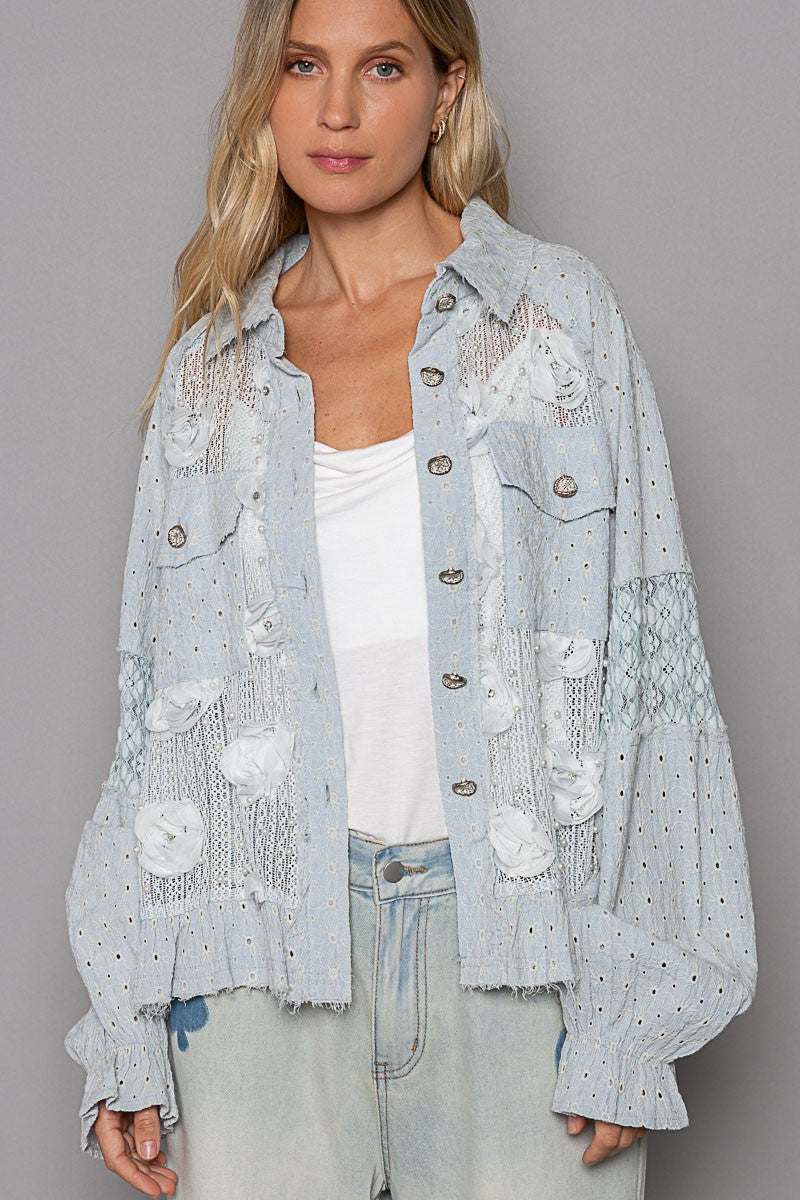 Flower Pearl Detail Lace Patchwork Shirt