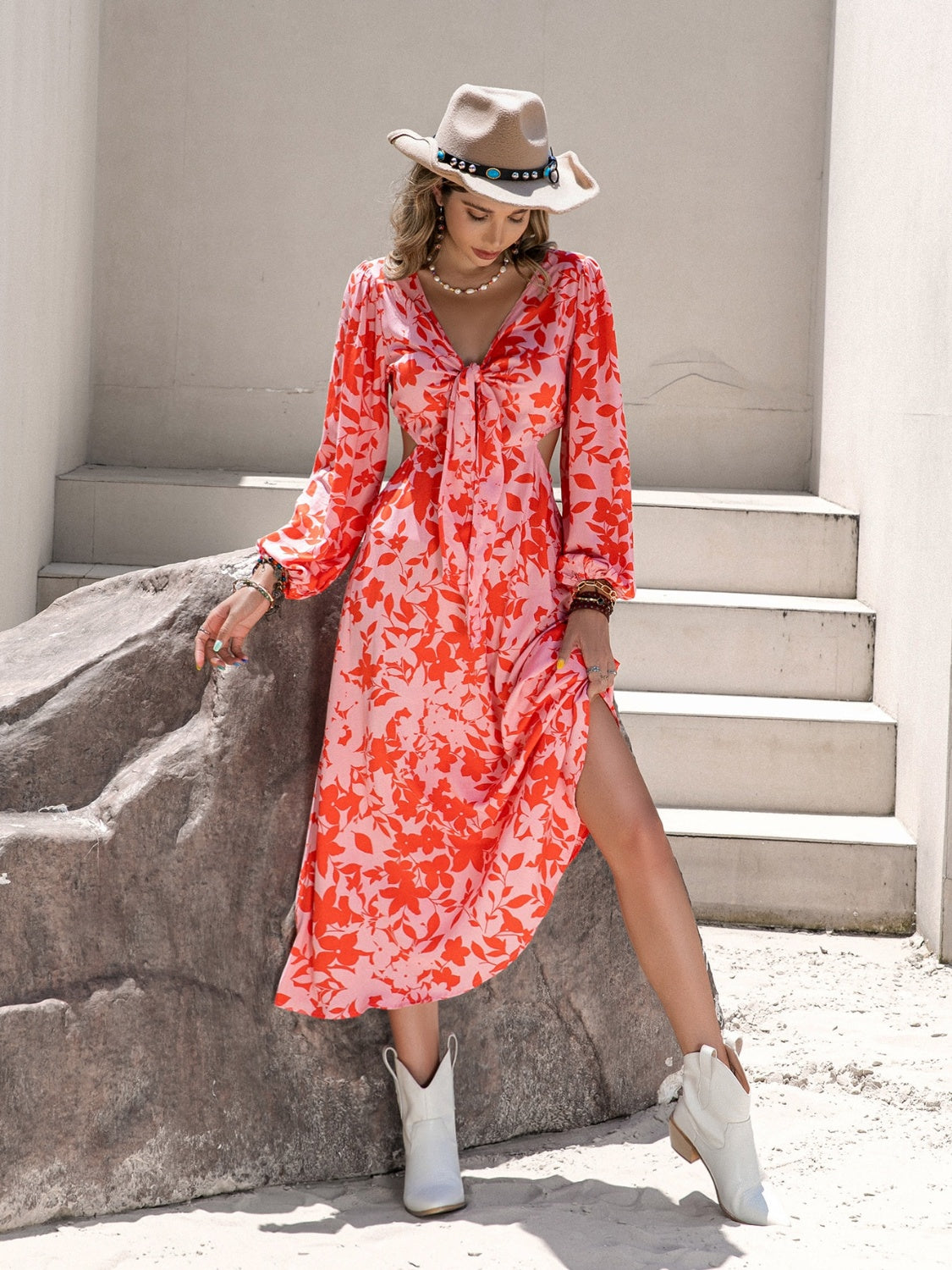 Tied Cutout Printed Long Sleeve Midi Beach Dress