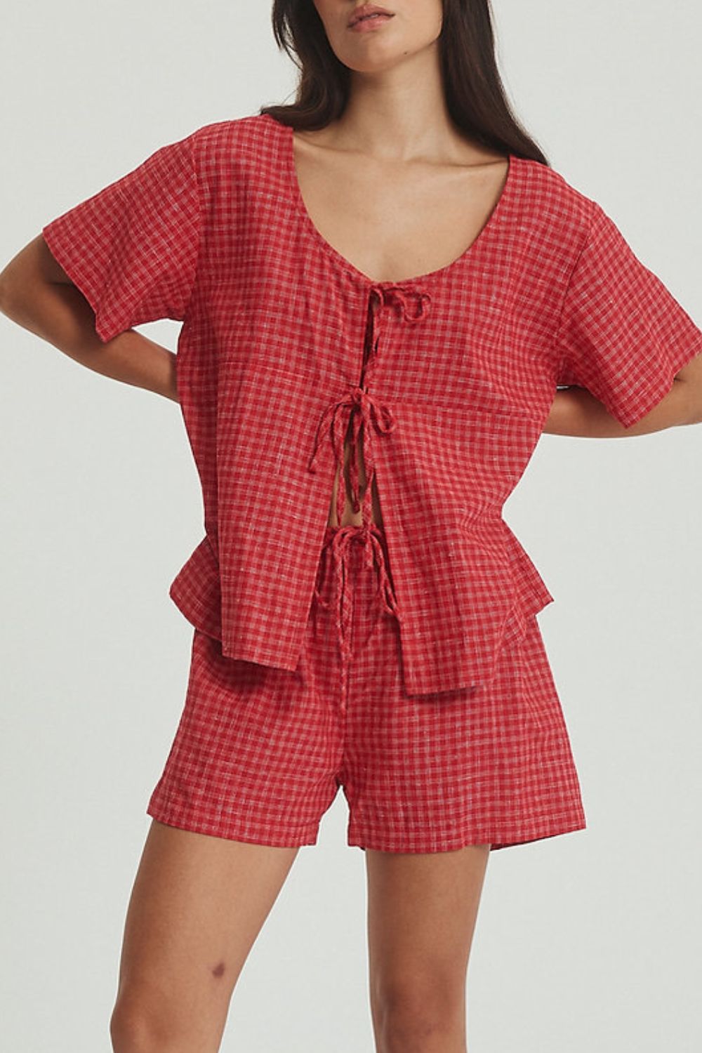 Plaid Tie Front Short Sleeve Top and Drawstring Shorts Set