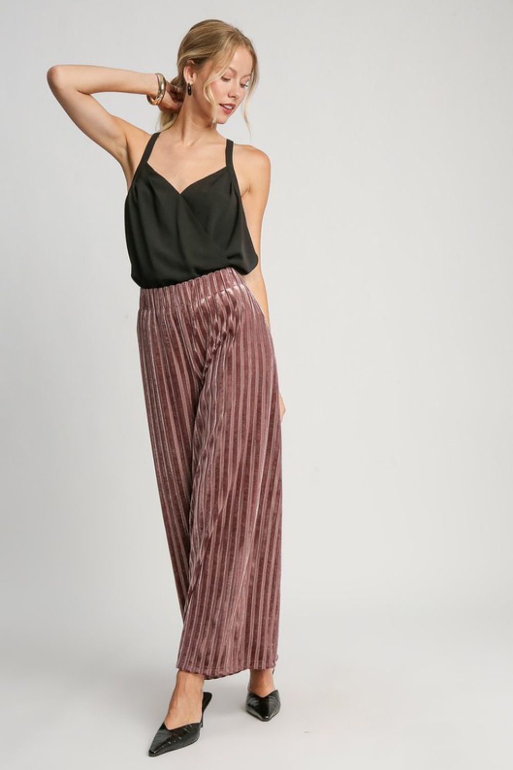 Full Size Elastic Waist Wide Leg Velvet Resort Pants