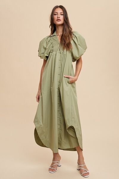 Smocked Puff Sleeve Midi Boho Dress