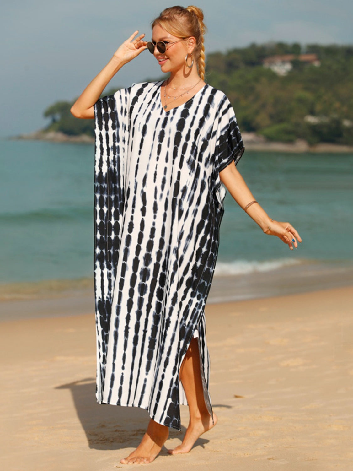 Tie-Dye V-Neck Half Sleeve Beach Maxi Dress