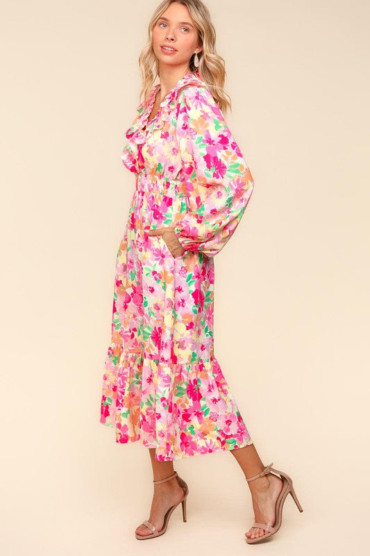 Full Size Floral Balloon Sleeve Summer Midi Dress with Side Pockets