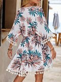 Tassel Tied Printed Half Sleeve Beach Cover Up