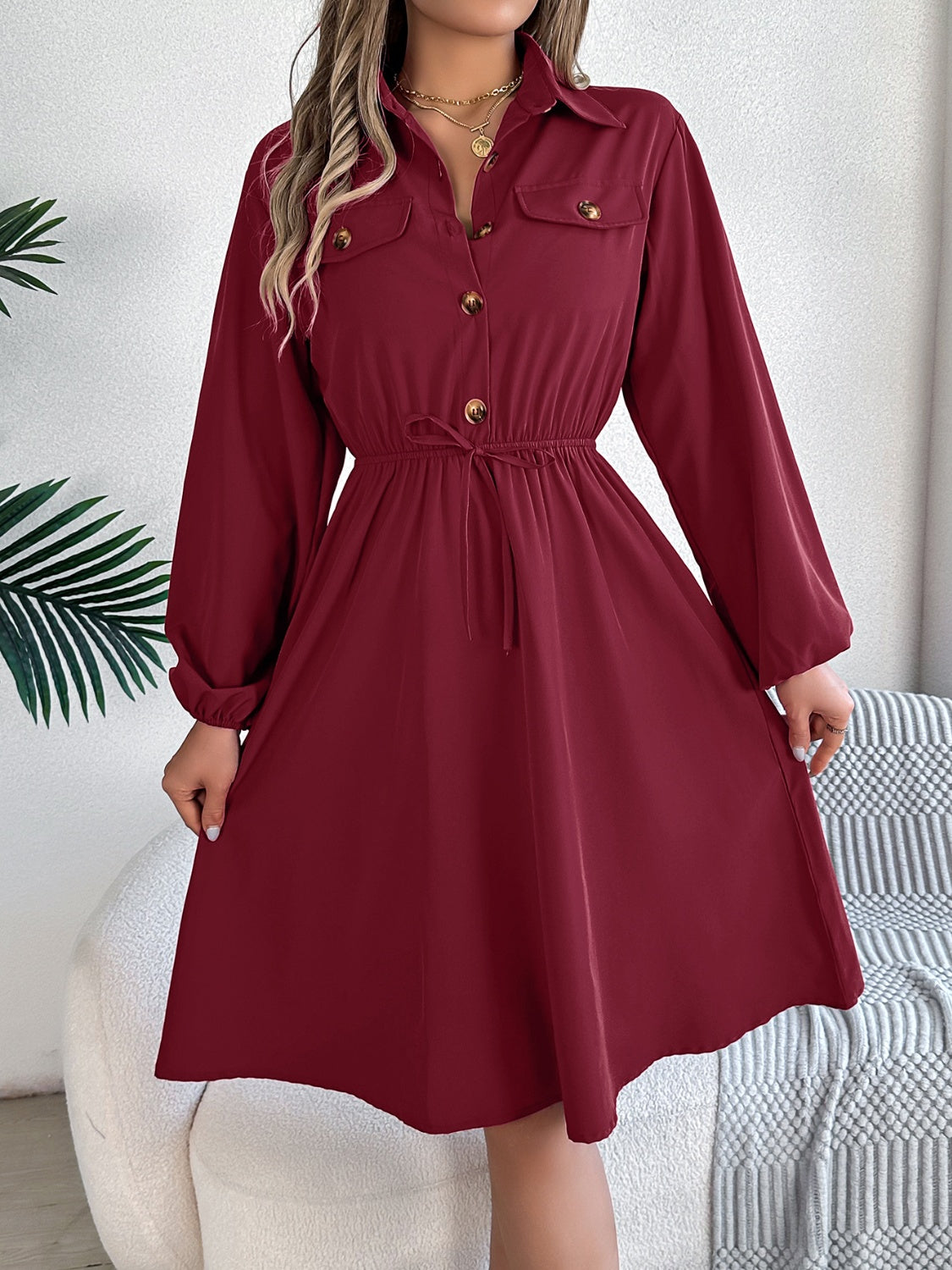 Collared Neck Long Sleeve Midi Dress with Pockets