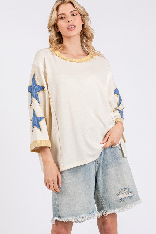 Star Patch Side Slit Round Neck Beachy Top