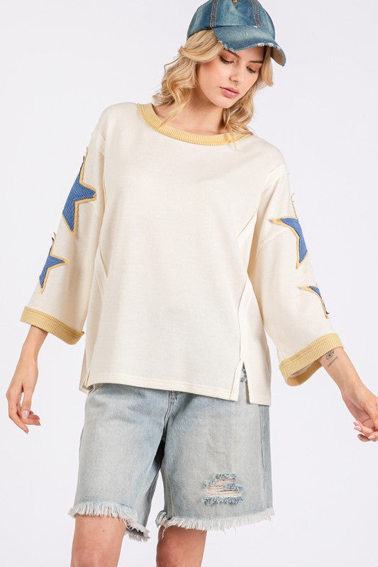 Star Patch Side Slit Round Neck Beachy Top