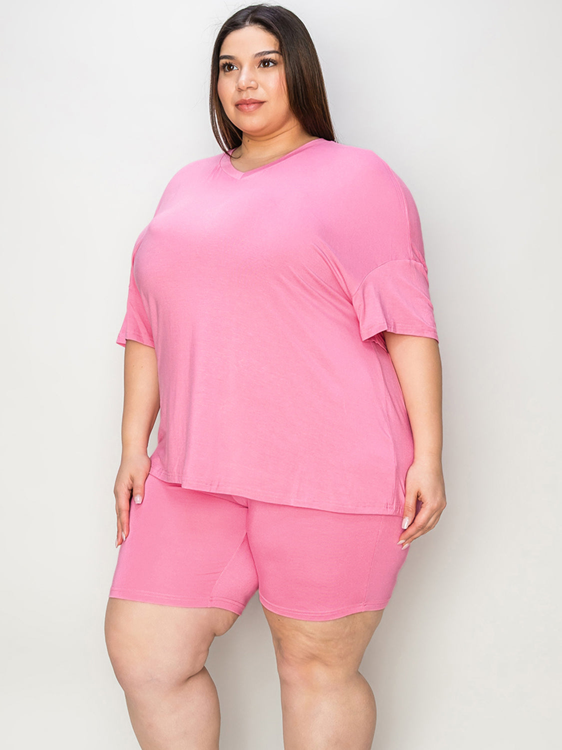 Plus Size V-Neck Drop Shoulder T-Shirt and Shorts Set