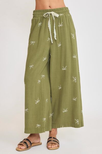 Full Size Embroidered Bow Wide Leg Boho Pants