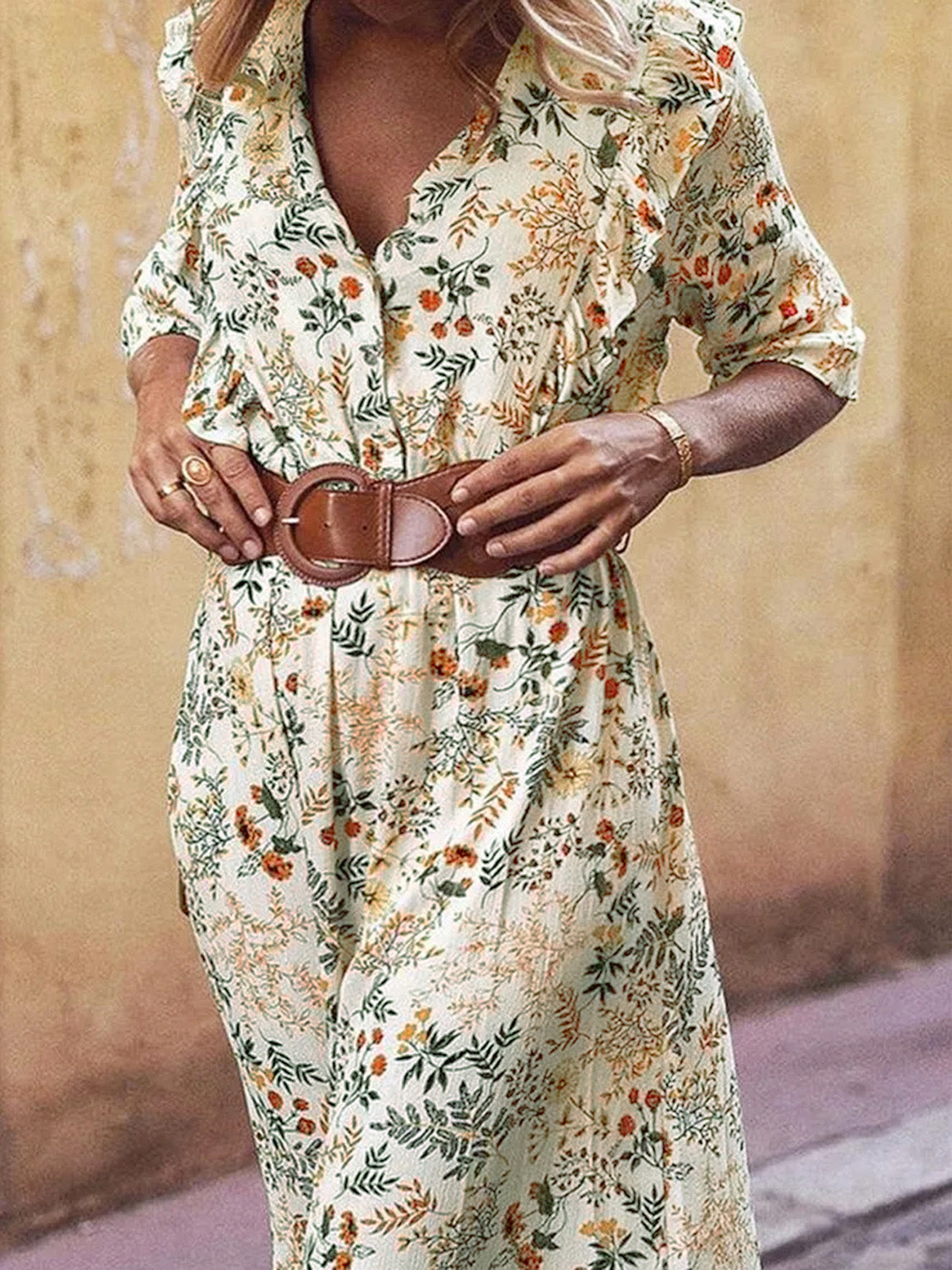 Floral Cutout Flounce Sleeve Maxi Resort Dress