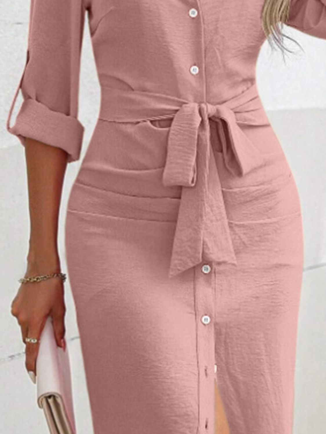 Collared Neck Roll-Tab Sleeve Dress