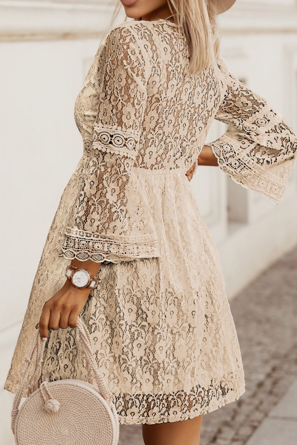 Lace V-Neck Three-Quarter Sleeve Boho Dress