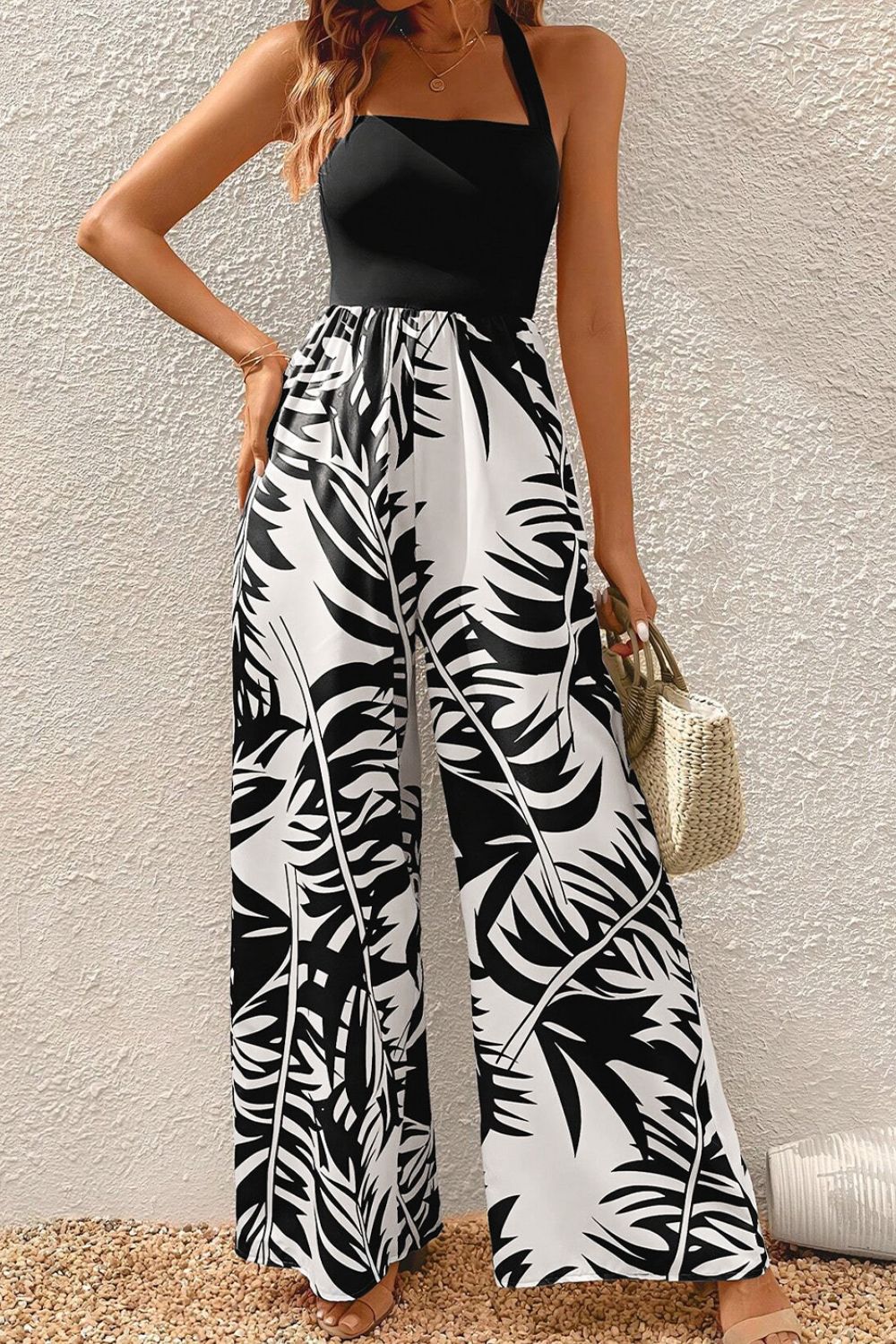 Tropical Halter Wide Leg Vacation Jumpsuit