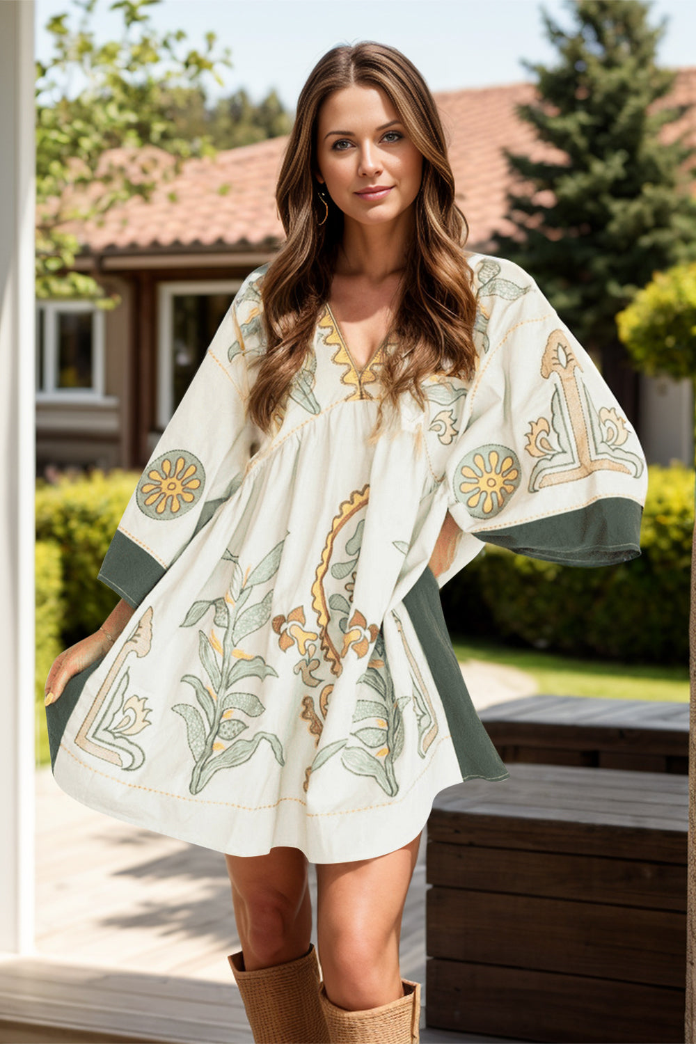 Tropical Three-Quarter Sleeve Mini Dress