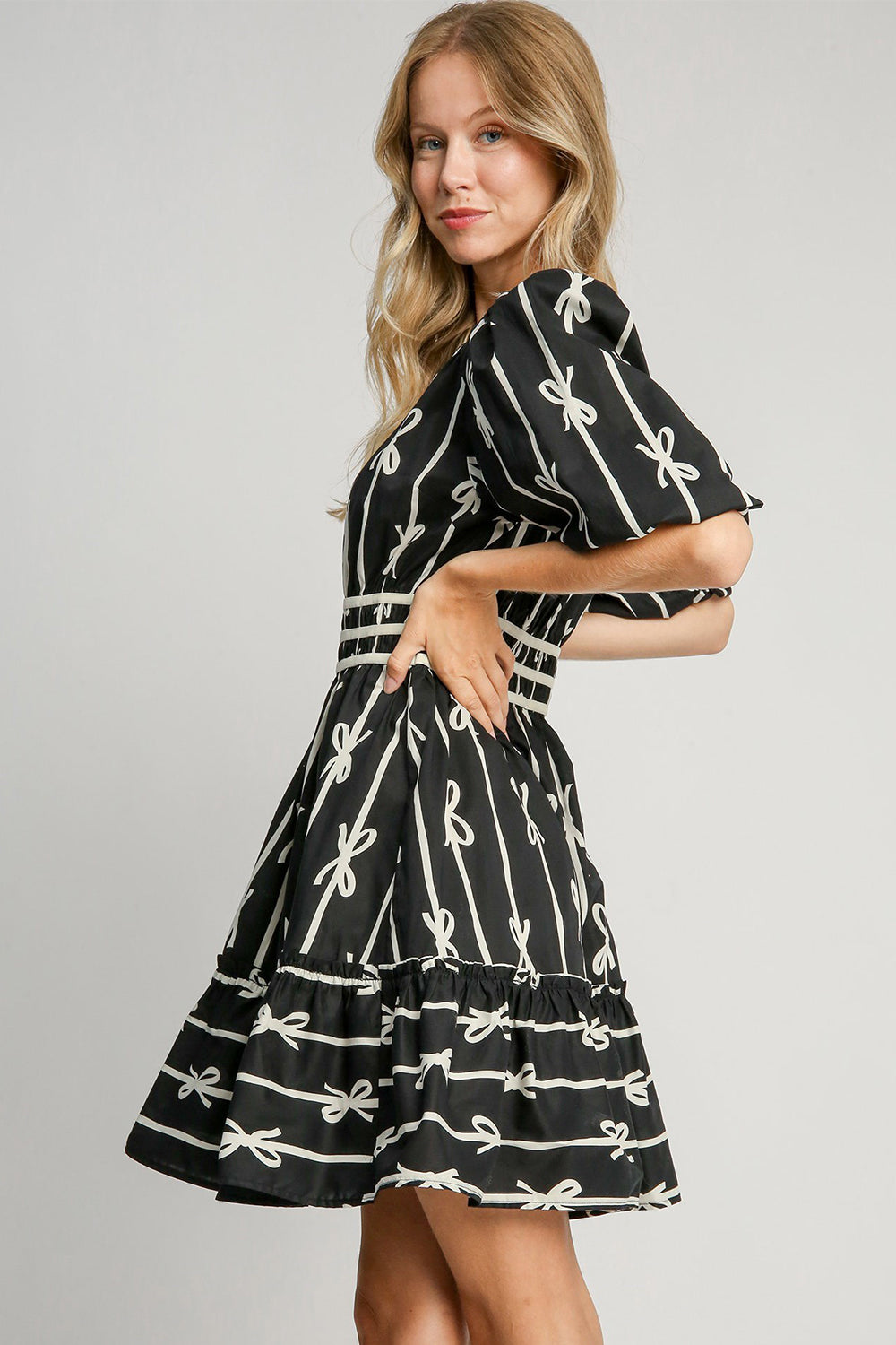 Ribbon Print Frill Contrast Velvet Trim Resort Dress