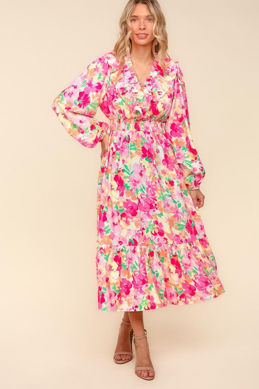 Full Size Floral Balloon Sleeve Summer Midi Dress with Side Pockets