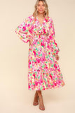 Full Size Floral Balloon Sleeve Summer Midi Dress with Side Pockets