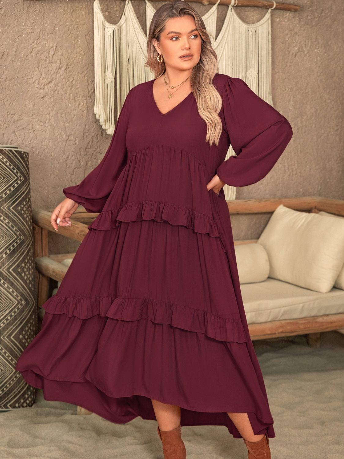 Plus Size Ruffled Pink Midi Dress