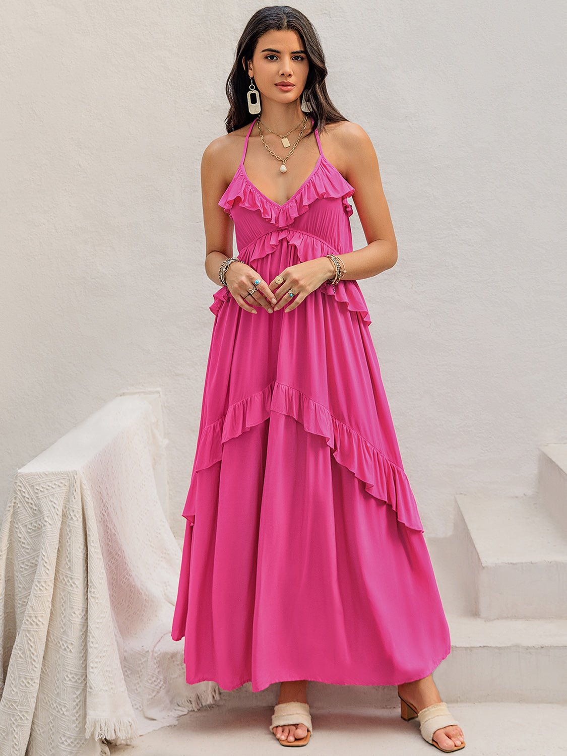 Ruffled Hot Pink Maxi Beach Dress