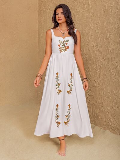 Floral Embroidered White Sleeveless Beach Maxi Dress