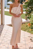 Eggshell Ruched Single Shoulder Sleeveless Maxi Dress