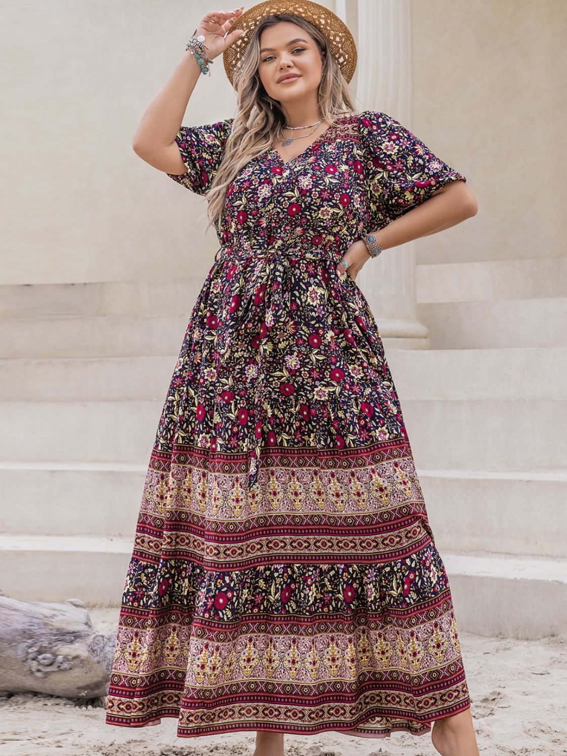 Plus Size Boho Floral Short Sleeve Maxi Dress