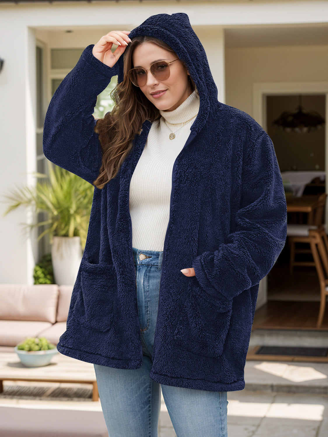 Plus Size Zip Up Long Sleeve Hooded Jacket