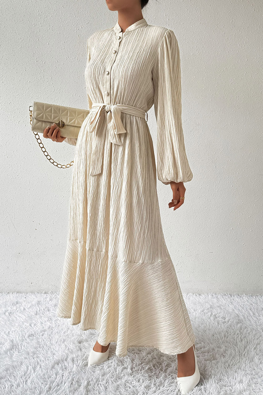 Beige Tied Button Up Balloon Sleeve Resort Maxi Dress