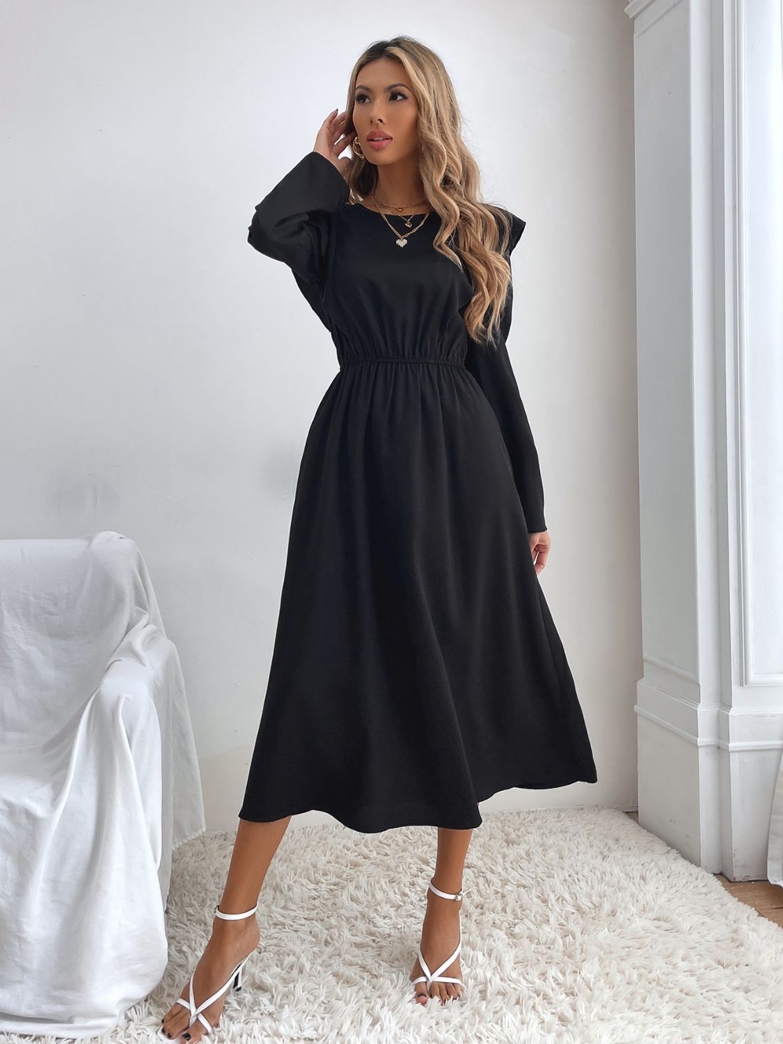 Ruched Ruffled Round Neck Long Sleeve Midi Dress