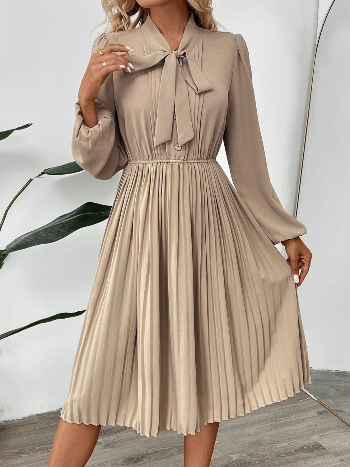 Work or Office Tie Neck Long Sleeve Midi Dress