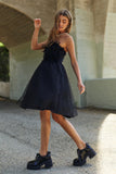 Mesh Ruffle Tube Top Swing Black Party Dress