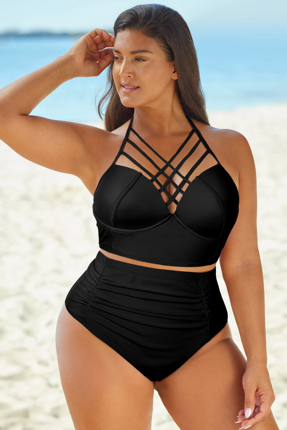 Full Size Halter Neck Crisscross Ruched Two-Piece Resort Swimsuit