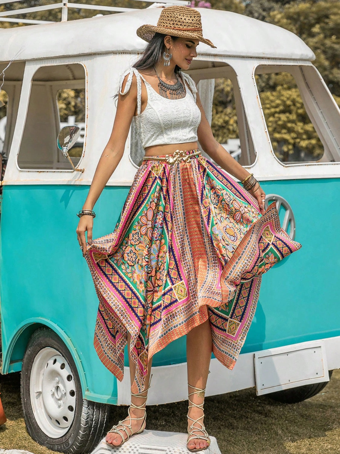 High Waist Handkerchief Hem Boho Skirt