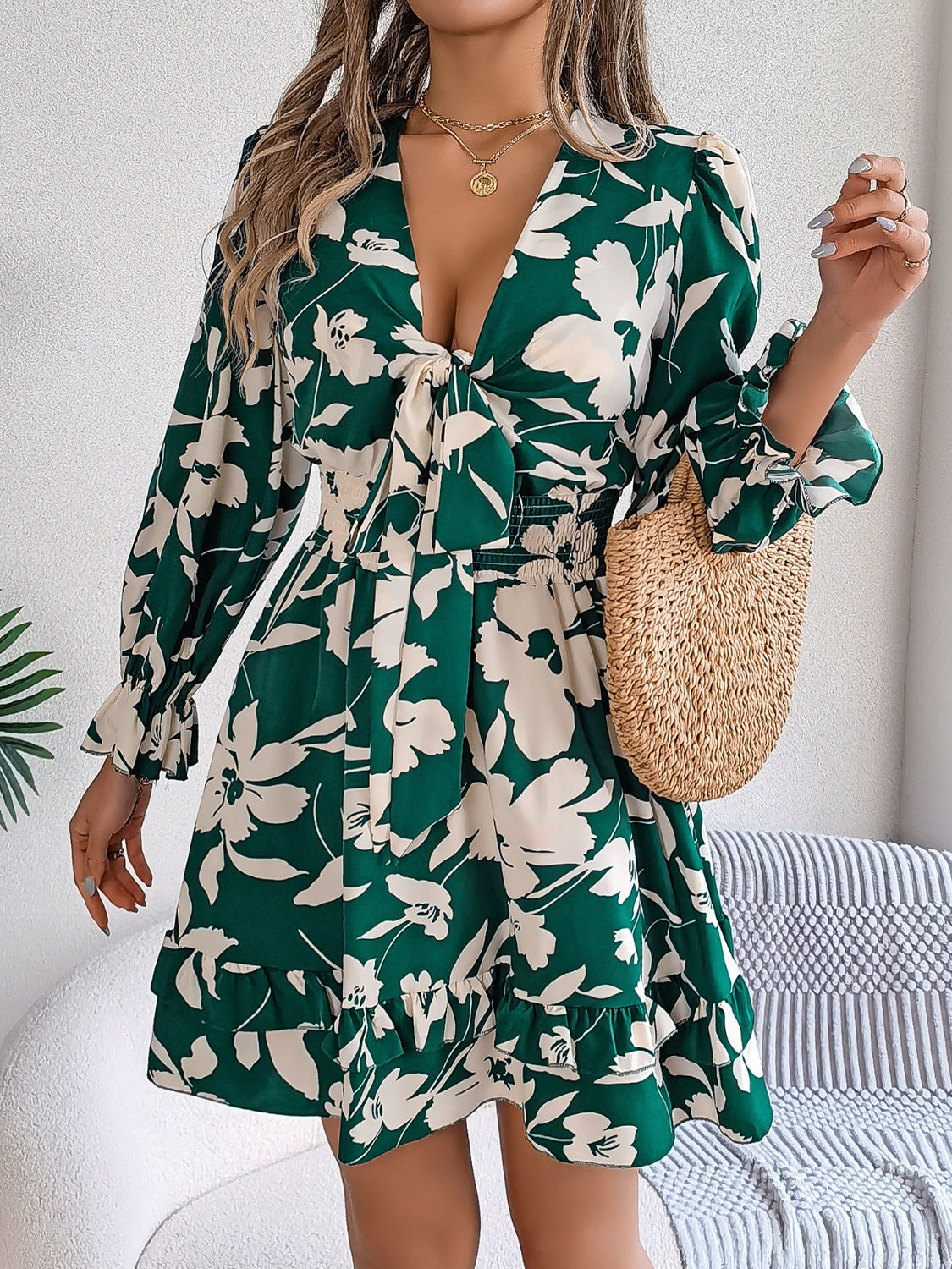 Floral Ruffled Long Sleeve Dress