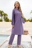 Cap, Drawstring Mock Neck Long Sleeve Top and Pants Swim Set Birkini