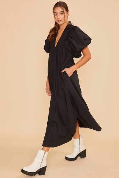 Black Puff Sleeve Midi Resort Dress