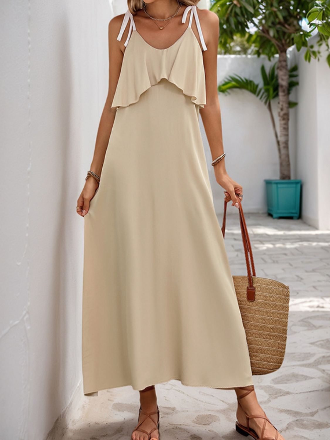 Tie Shoulder Tan Sleeveless Midi Resort Dress