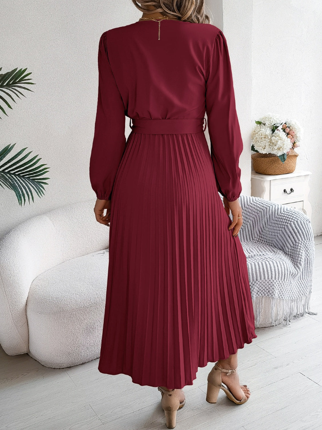 Pleated Tied V-Neck Long Sleeve Midi Dress